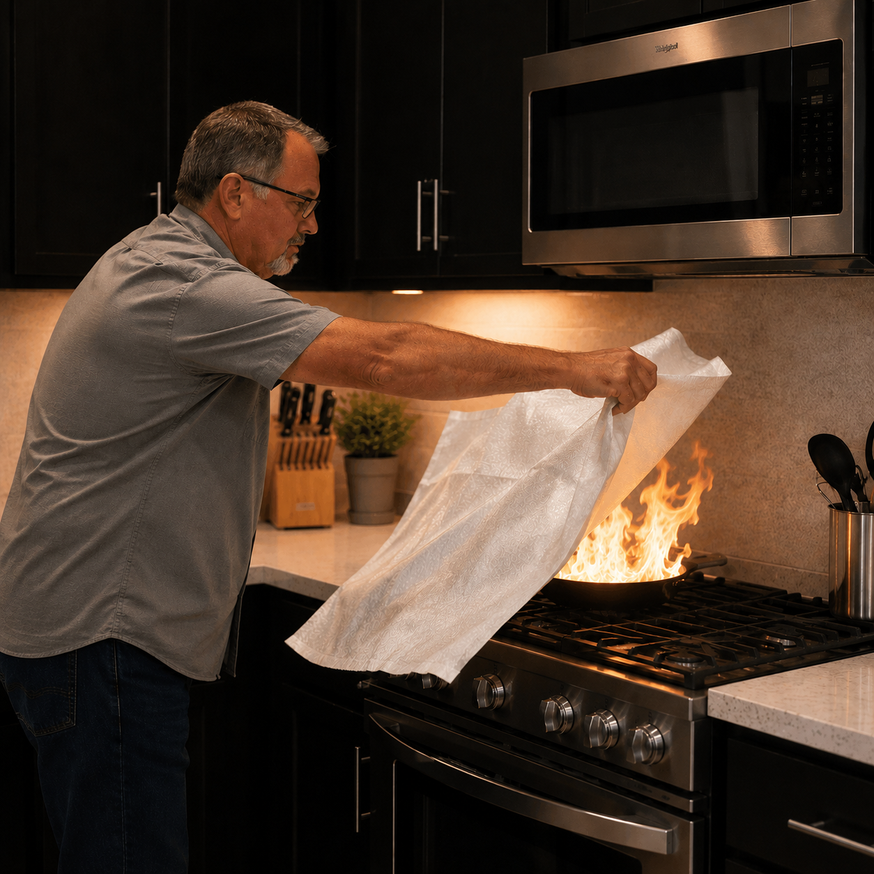 Covering a small stovetop fire with a fire blanket